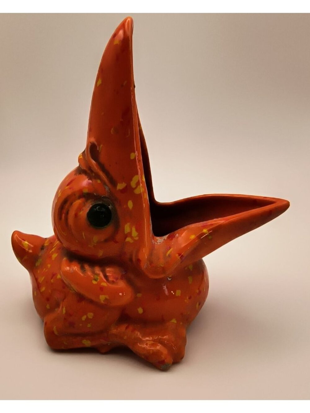 Hand-Painted Ceramic Orange Big Mouth Bird Planter Ashtray Green Glass Eyes